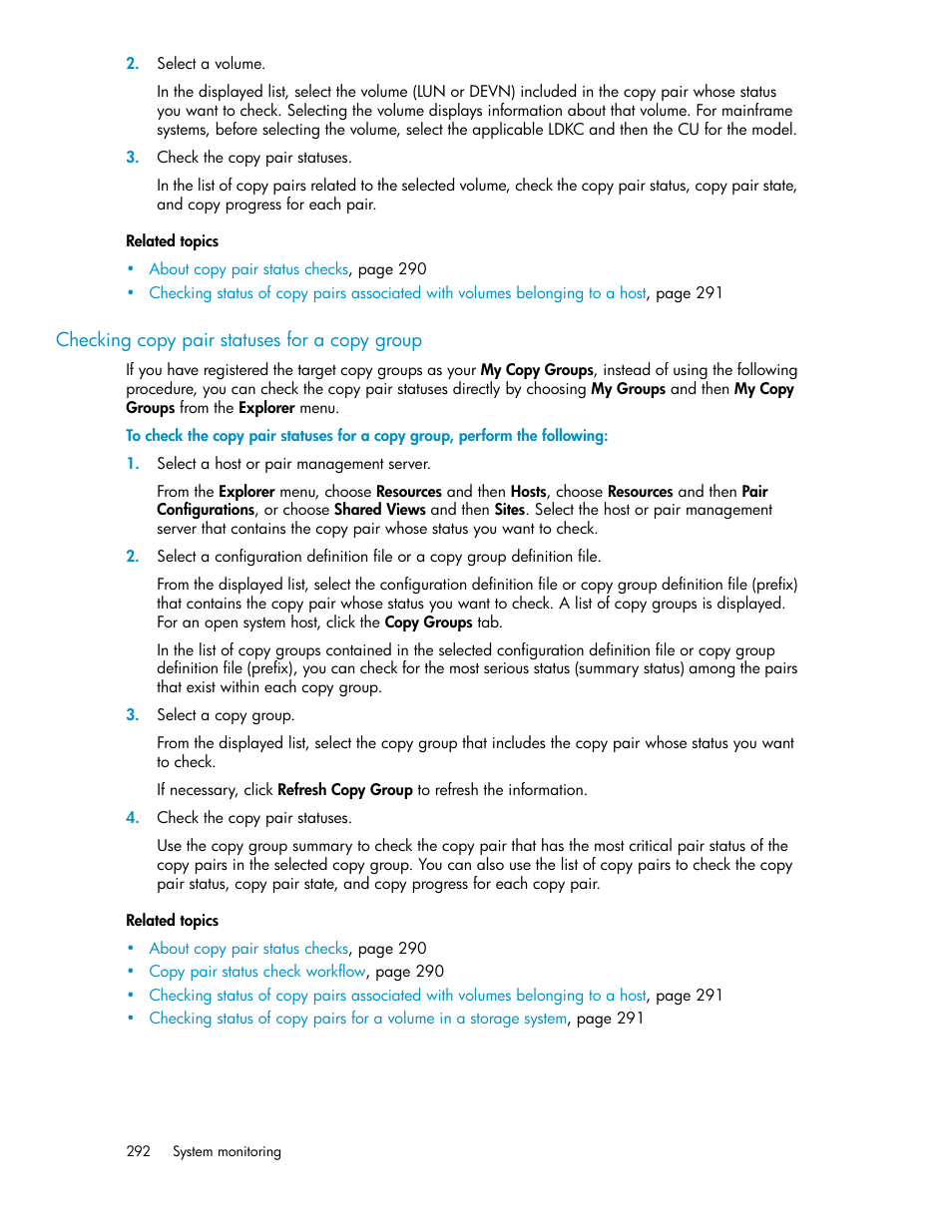 Checking copy pair statuses for a copy group | HP XP P9000 Command View Advanced Edition Software User Manual | Page 292 / 496