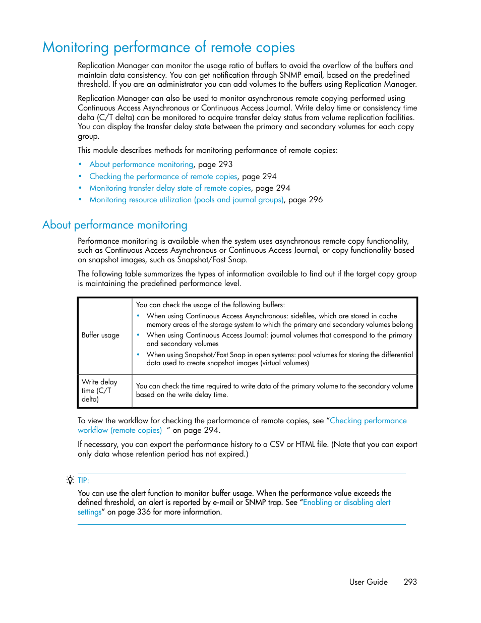 Monitoring performance of remote copies, About performance monitoring | HP XP P9000 Command View Advanced Edition Software User Manual | Page 293 / 496