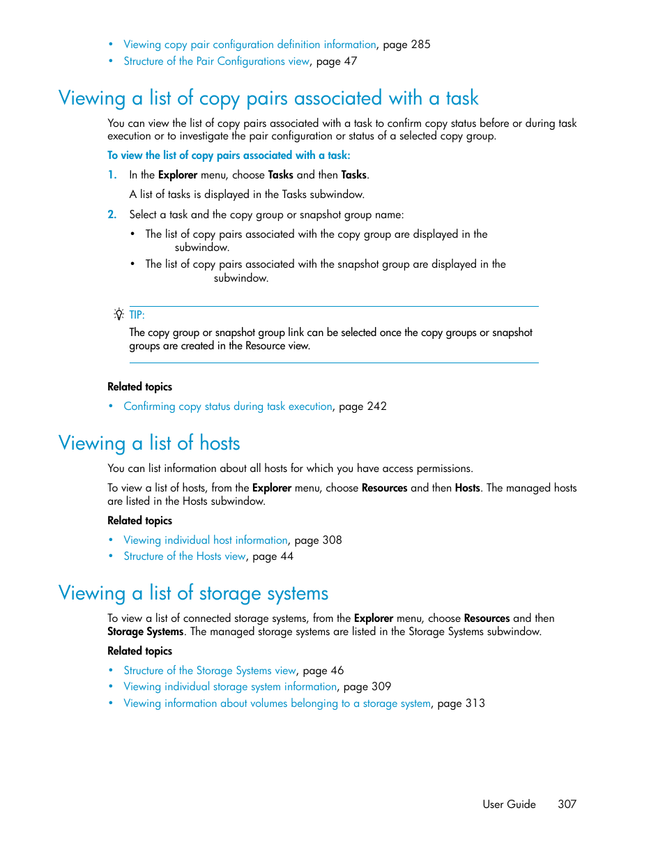 Viewing a list of hosts, Viewing a list of storage systems, 307 viewing a list of hosts | HP XP P9000 Command View Advanced Edition Software User Manual | Page 307 / 496