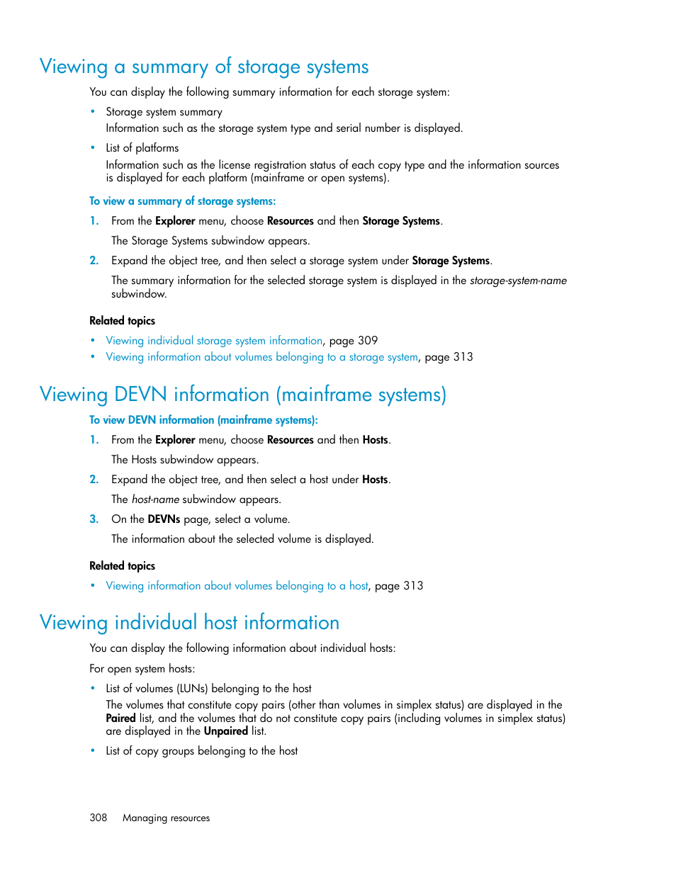 Viewing a summary of storage systems, Viewing devn information (mainframe systems), Viewing individual host information | 308 viewing devn information (mainframe systems), 308 viewing individual host information, Viewing individual host, Information | HP XP P9000 Command View Advanced Edition Software User Manual | Page 308 / 496