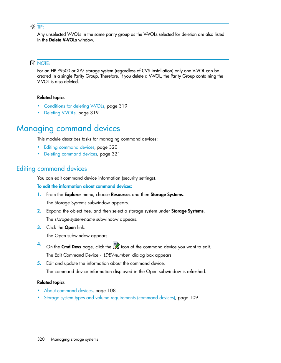 Managing command devices, Editing command devices | HP XP P9000 Command View Advanced Edition Software User Manual | Page 320 / 496