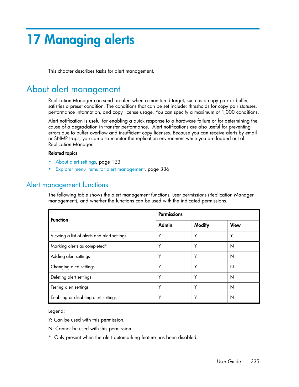 17 managing alerts, About alert management, Alert management functions | About alert, Management | HP XP P9000 Command View Advanced Edition Software User Manual | Page 335 / 496