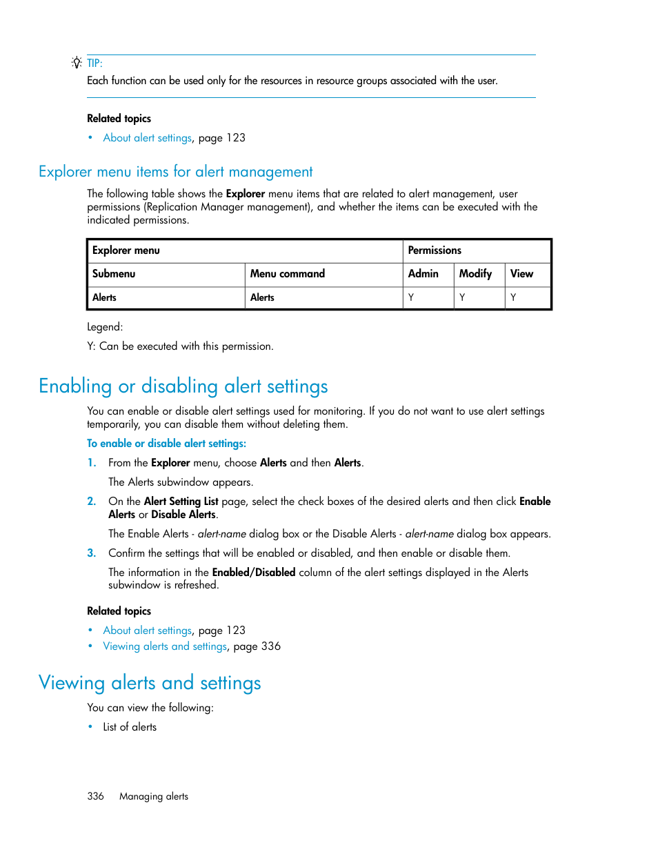 Explorer menu items for alert management, Enabling or disabling alert settings, Viewing alerts and settings | 336 viewing alerts and settings, Viewing alerts, And settings, Enabling or disabling alert, Settings | HP XP P9000 Command View Advanced Edition Software User Manual | Page 336 / 496