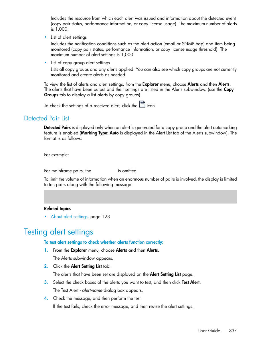 Testing alert settings, Detected pair list | HP XP P9000 Command View Advanced Edition Software User Manual | Page 337 / 496