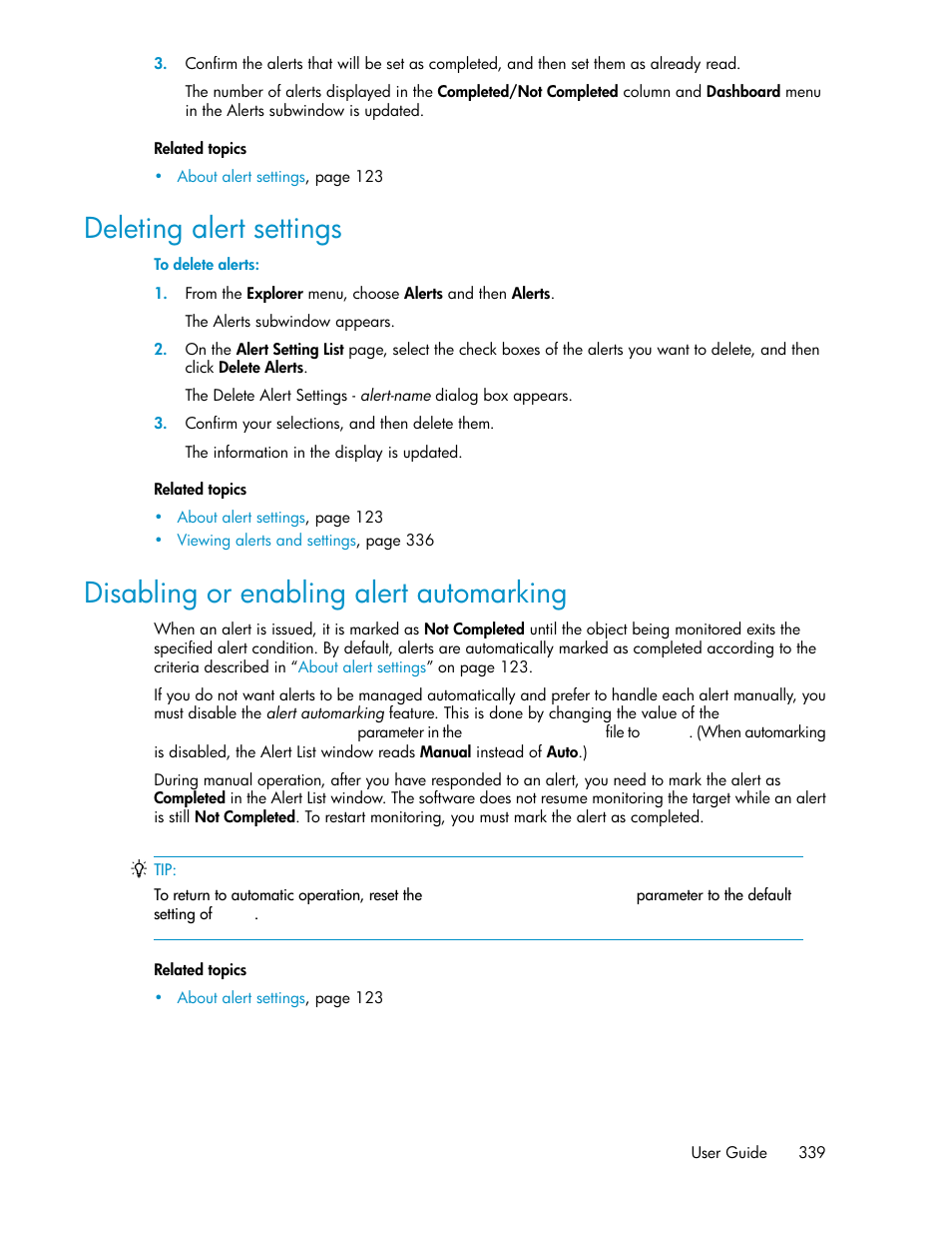 Deleting alert settings, Disabling or enabling alert automarking, 339 disabling or enabling alert automarking | Disabling or enabling alert, Automarking | HP XP P9000 Command View Advanced Edition Software User Manual | Page 339 / 496