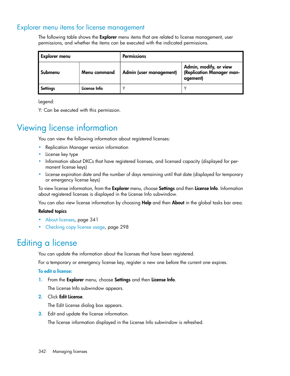 Explorer menu items for license management, Viewing license information, Editing a license | 342 editing a license | HP XP P9000 Command View Advanced Edition Software User Manual | Page 342 / 496