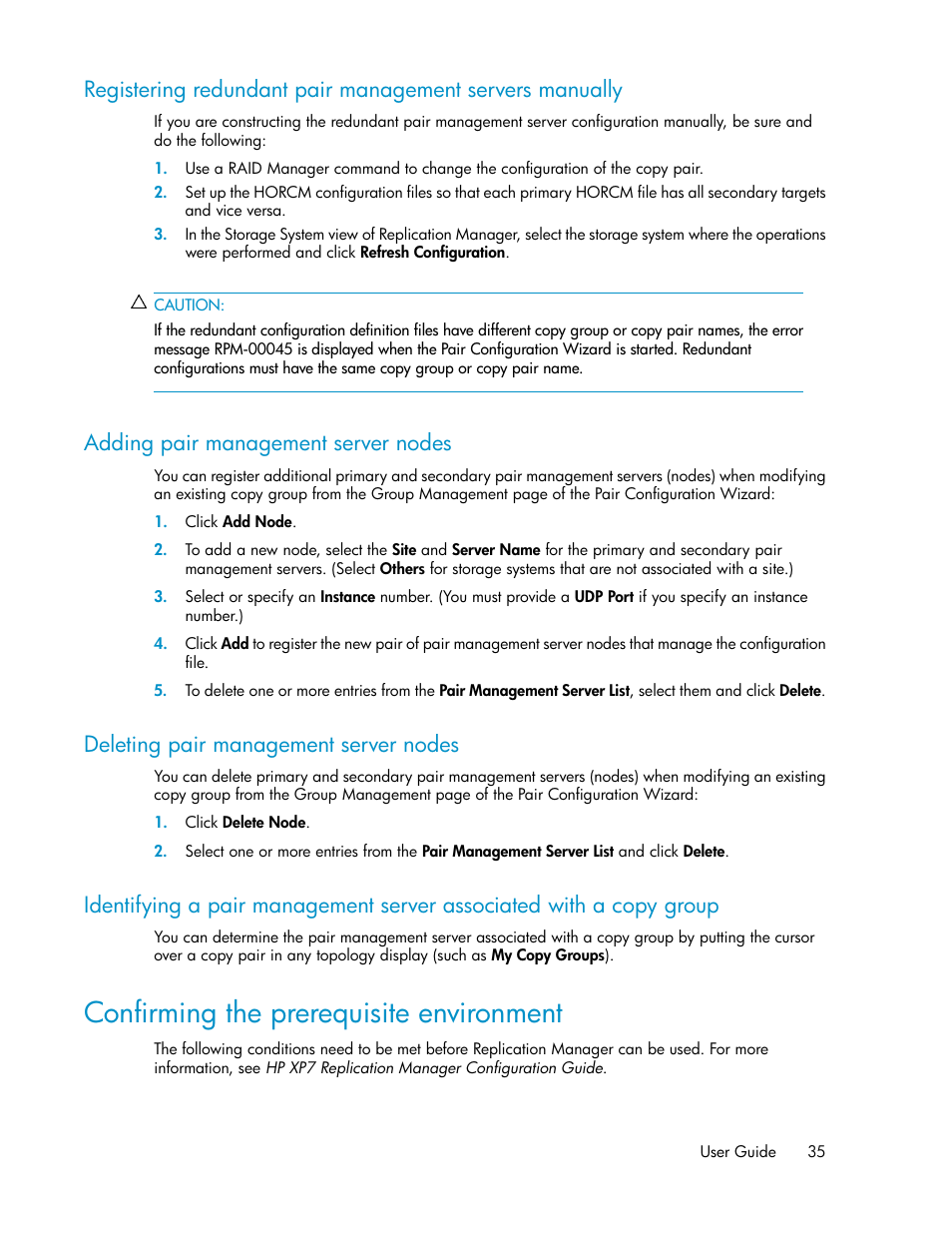 Adding pair management server nodes, Deleting pair management server nodes, Confirming the prerequisite environment | 35 adding pair management server nodes, 35 deleting pair management server nodes | HP XP P9000 Command View Advanced Edition Software User Manual | Page 35 / 496