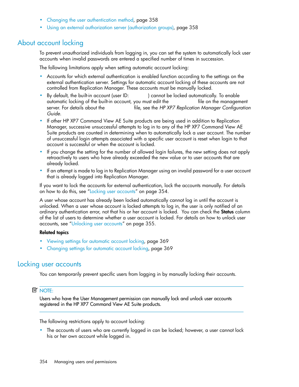 About account locking, Locking user accounts | HP XP P9000 Command View Advanced Edition Software User Manual | Page 354 / 496