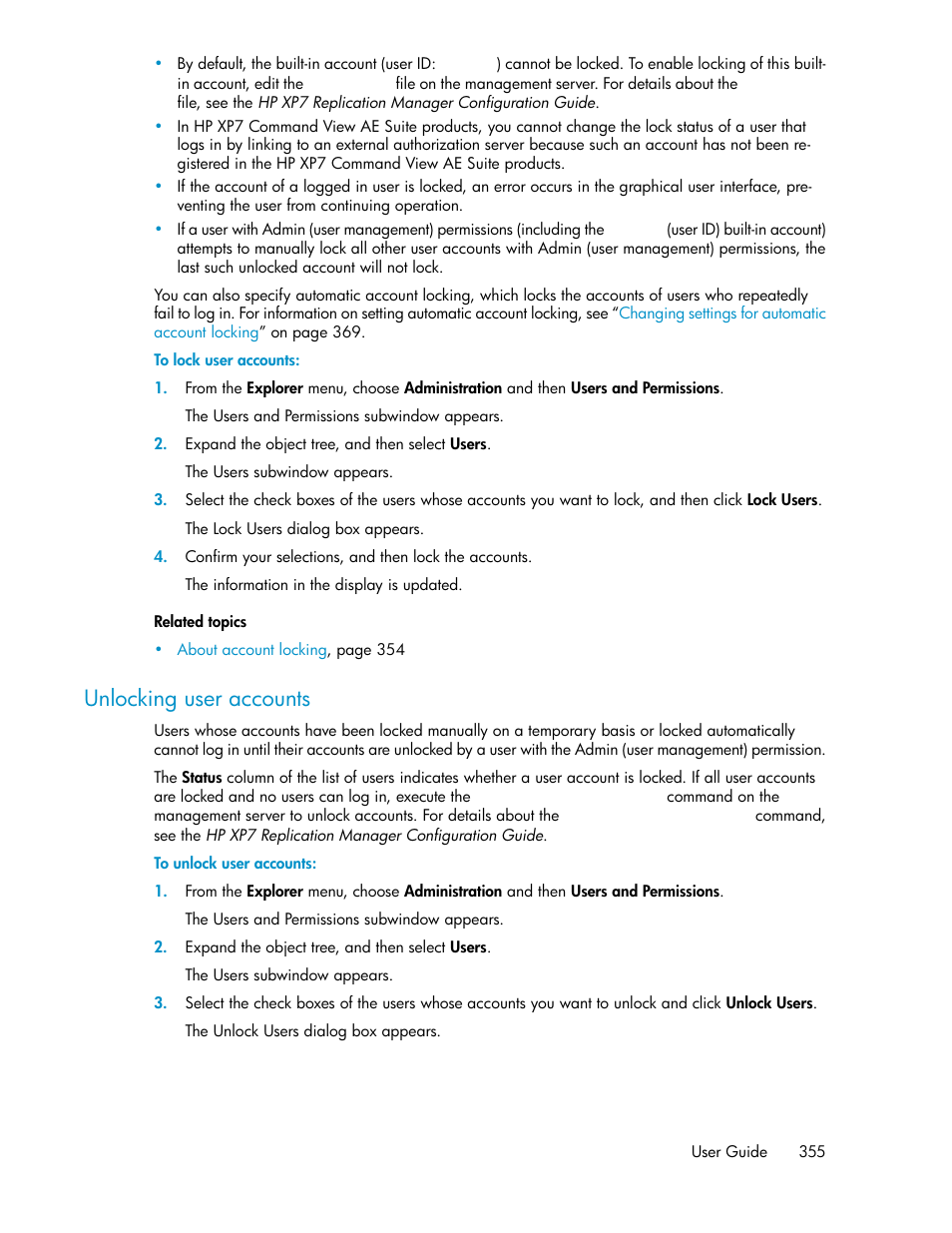 Unlocking user accounts | HP XP P9000 Command View Advanced Edition Software User Manual | Page 355 / 496