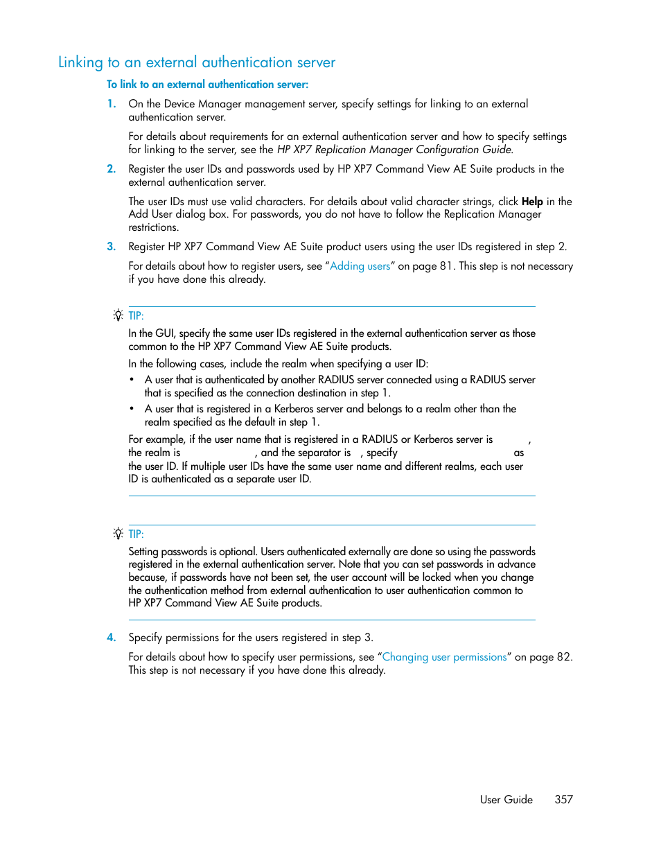 Linking to an external authentication server | HP XP P9000 Command View Advanced Edition Software User Manual | Page 357 / 496
