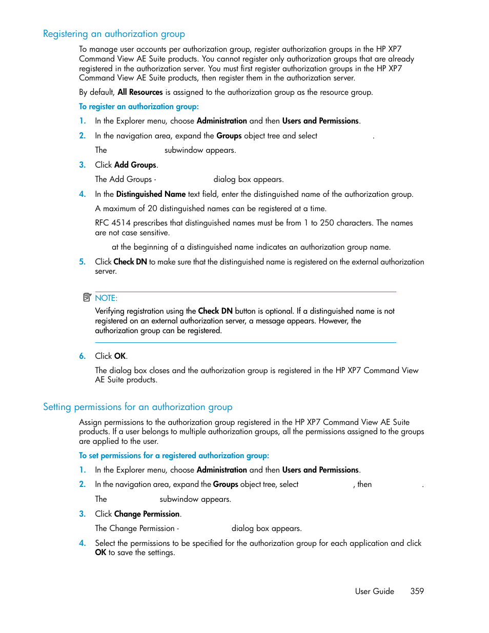 Registering an authorization group, Setting permissions for an authorization group | HP XP P9000 Command View Advanced Edition Software User Manual | Page 359 / 496