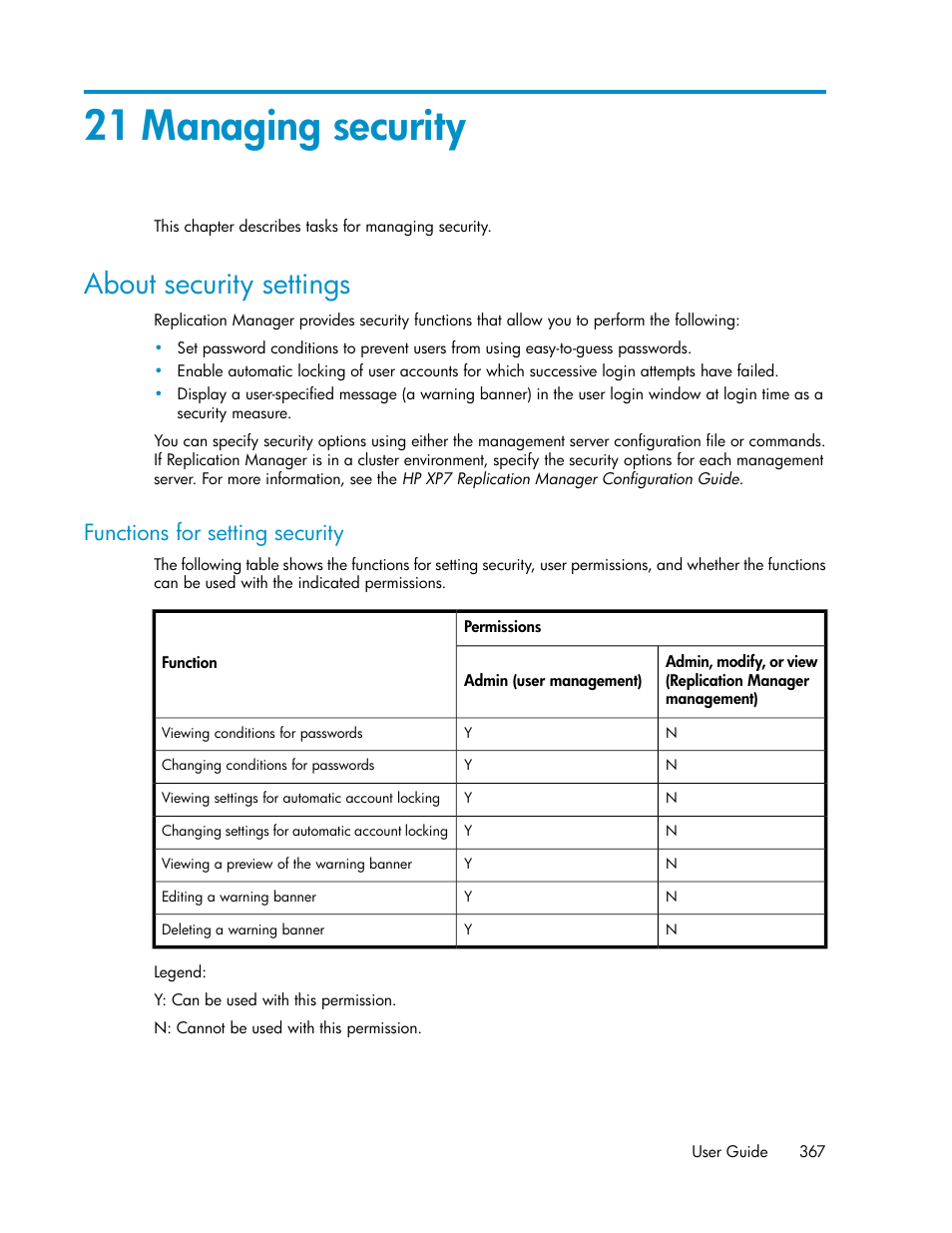 21 managing security, About security settings, Functions for setting security | About, Security settings | HP XP P9000 Command View Advanced Edition Software User Manual | Page 367 / 496