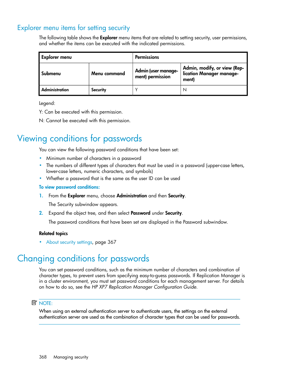 Explorer menu items for setting security, Viewing conditions for passwords, Changing conditions for passwords | 368 changing conditions for passwords | HP XP P9000 Command View Advanced Edition Software User Manual | Page 368 / 496