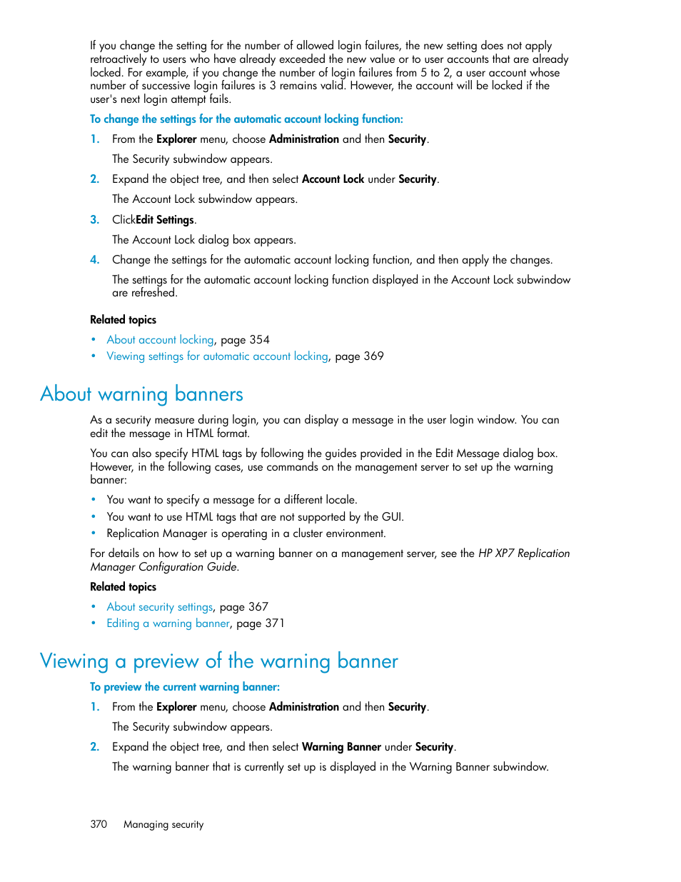 About warning banners, Viewing a preview of the warning banner, 370 viewing a preview of the warning banner | HP XP P9000 Command View Advanced Edition Software User Manual | Page 370 / 496