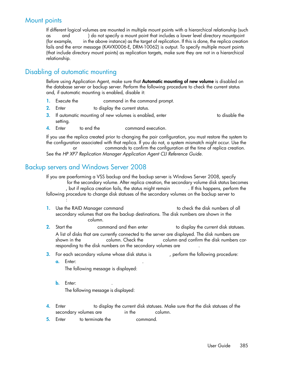 Mount points, Disabling of automatic mounting, Backup servers and windows server 2008 | HP XP P9000 Command View Advanced Edition Software User Manual | Page 385 / 496