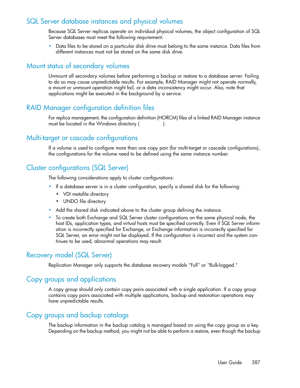 Sql server database instances and physical volumes, Mount status of secondary volumes, Raid manager configuration definition files | Multi-target or cascade configurations, Cluster configurations (sql server), Recovery model (sql server), Copy groups and applications, Copy groups and backup catalogs | HP XP P9000 Command View Advanced Edition Software User Manual | Page 387 / 496
