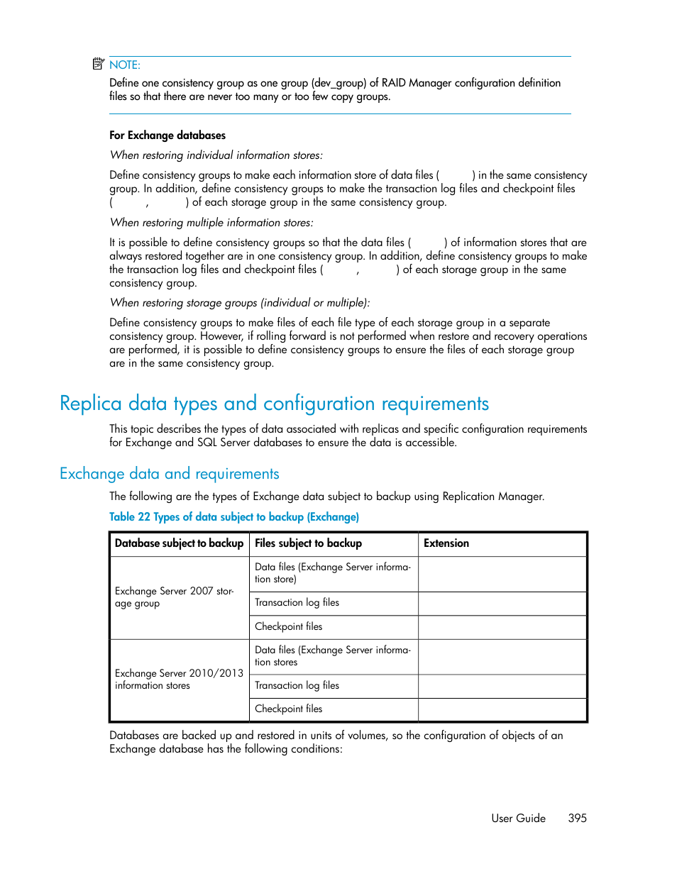 Replica data types and configuration requirements, Types of data subject to backup (exchange), Exchange data and requirements | HP XP P9000 Command View Advanced Edition Software User Manual | Page 395 / 496