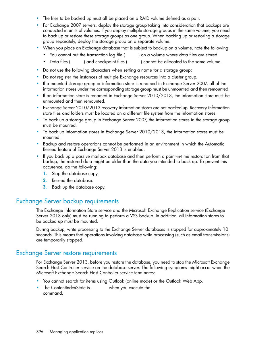 Exchange server backup requirements, Exchange server restore requirements | HP XP P9000 Command View Advanced Edition Software User Manual | Page 396 / 496