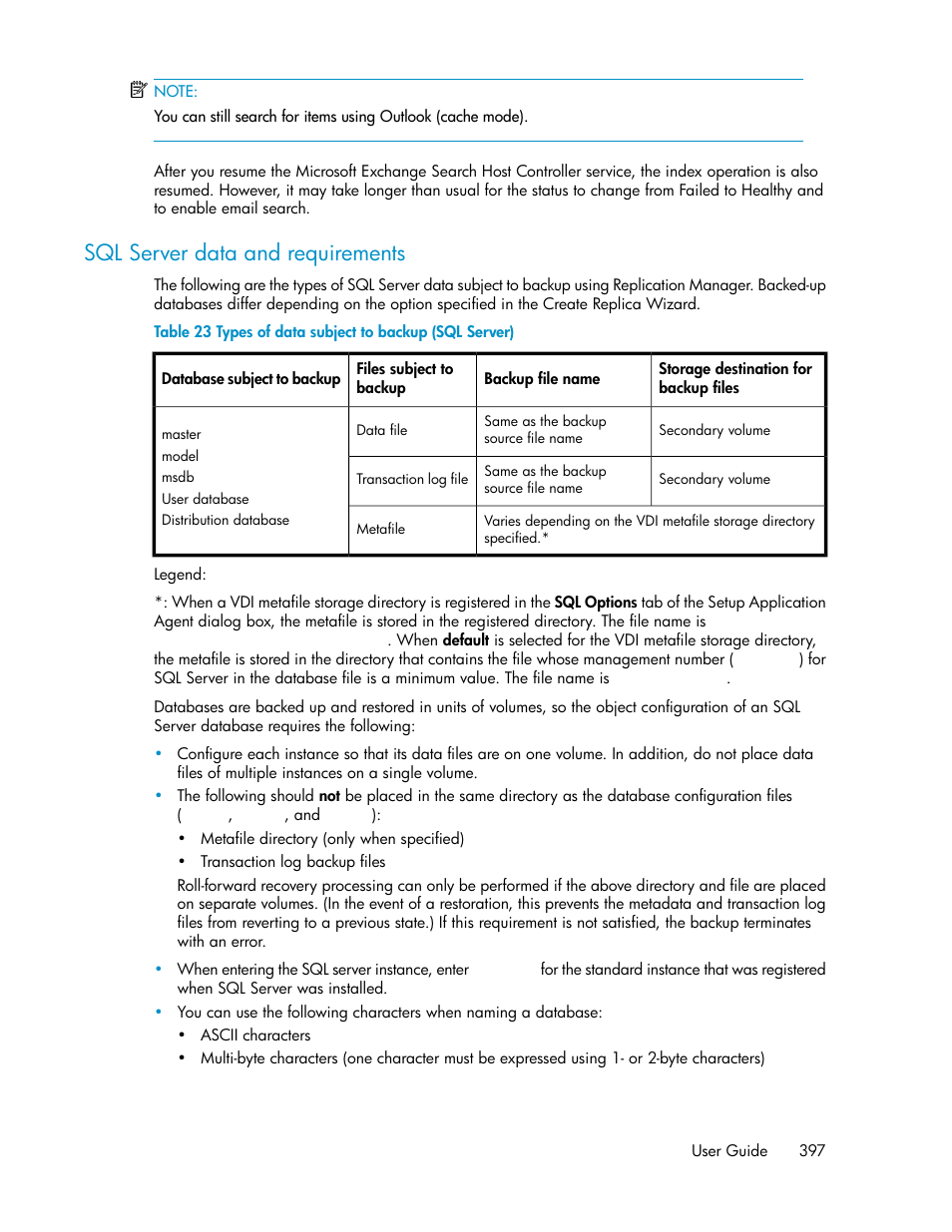 Types of data subject to backup (sql server), Sql server data and requirements | HP XP P9000 Command View Advanced Edition Software User Manual | Page 397 / 496