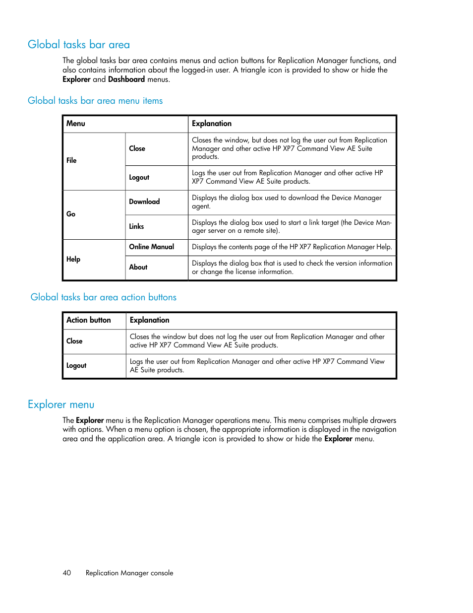 Global tasks bar area, Explorer menu, 40 explorer menu | HP XP P9000 Command View Advanced Edition Software User Manual | Page 40 / 496
