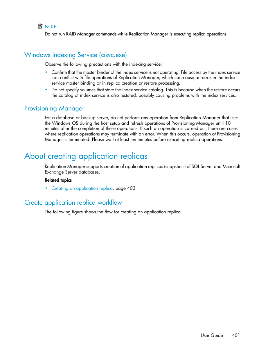 About creating application replicas, Create application replica workflow, Windows indexing service (cisvc.exe) | Provisioning manager | HP XP P9000 Command View Advanced Edition Software User Manual | Page 401 / 496