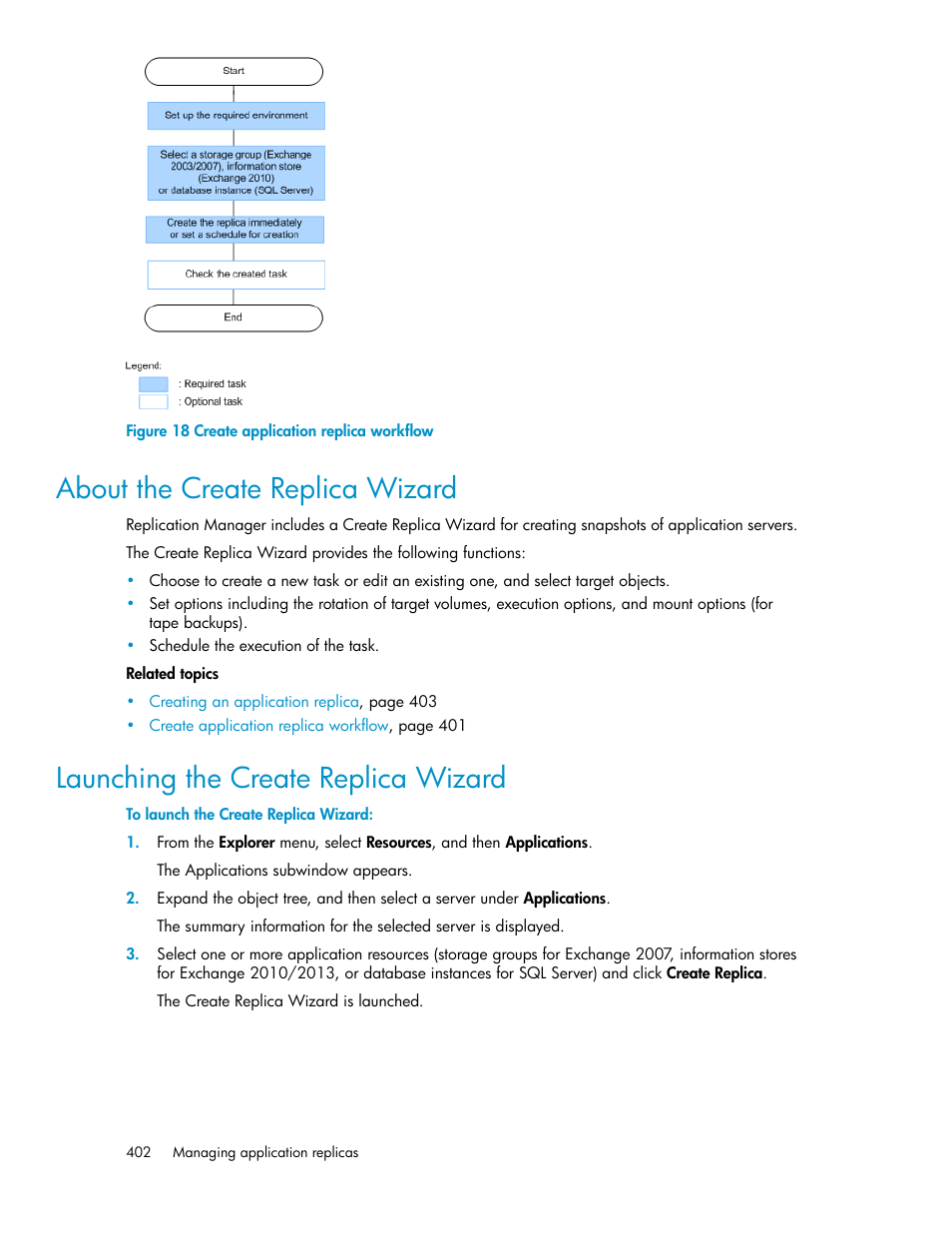 About the create replica wizard, Launching the create replica wizard, 402 launching the create replica wizard | Create application replica workflow | HP XP P9000 Command View Advanced Edition Software User Manual | Page 402 / 496