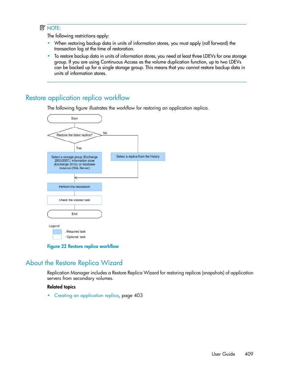 Restore application replica workflow, About the restore replica wizard, 409 about the restore replica wizard | Restore replica workflow | HP XP P9000 Command View Advanced Edition Software User Manual | Page 409 / 496