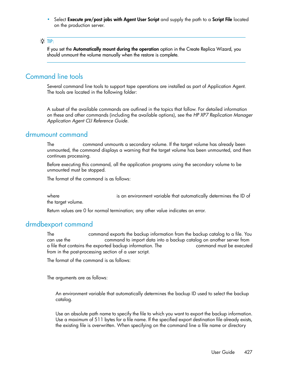 Command line tools, Drmumount command, Drmdbexport command | HP XP P9000 Command View Advanced Edition Software User Manual | Page 427 / 496