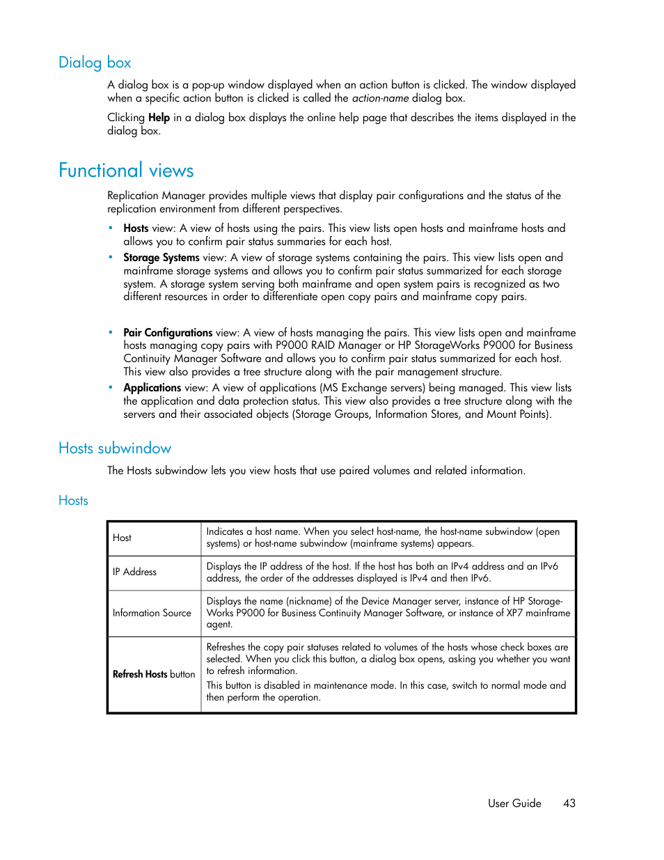 Dialog box, Functional views, Hosts subwindow | HP XP P9000 Command View Advanced Edition Software User Manual | Page 43 / 496