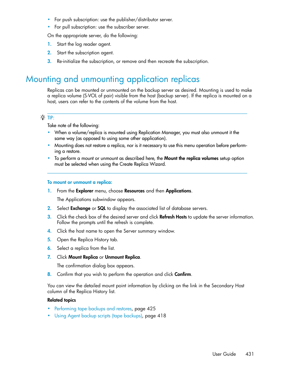 Mounting and unmounting application replicas | HP XP P9000 Command View Advanced Edition Software User Manual | Page 431 / 496