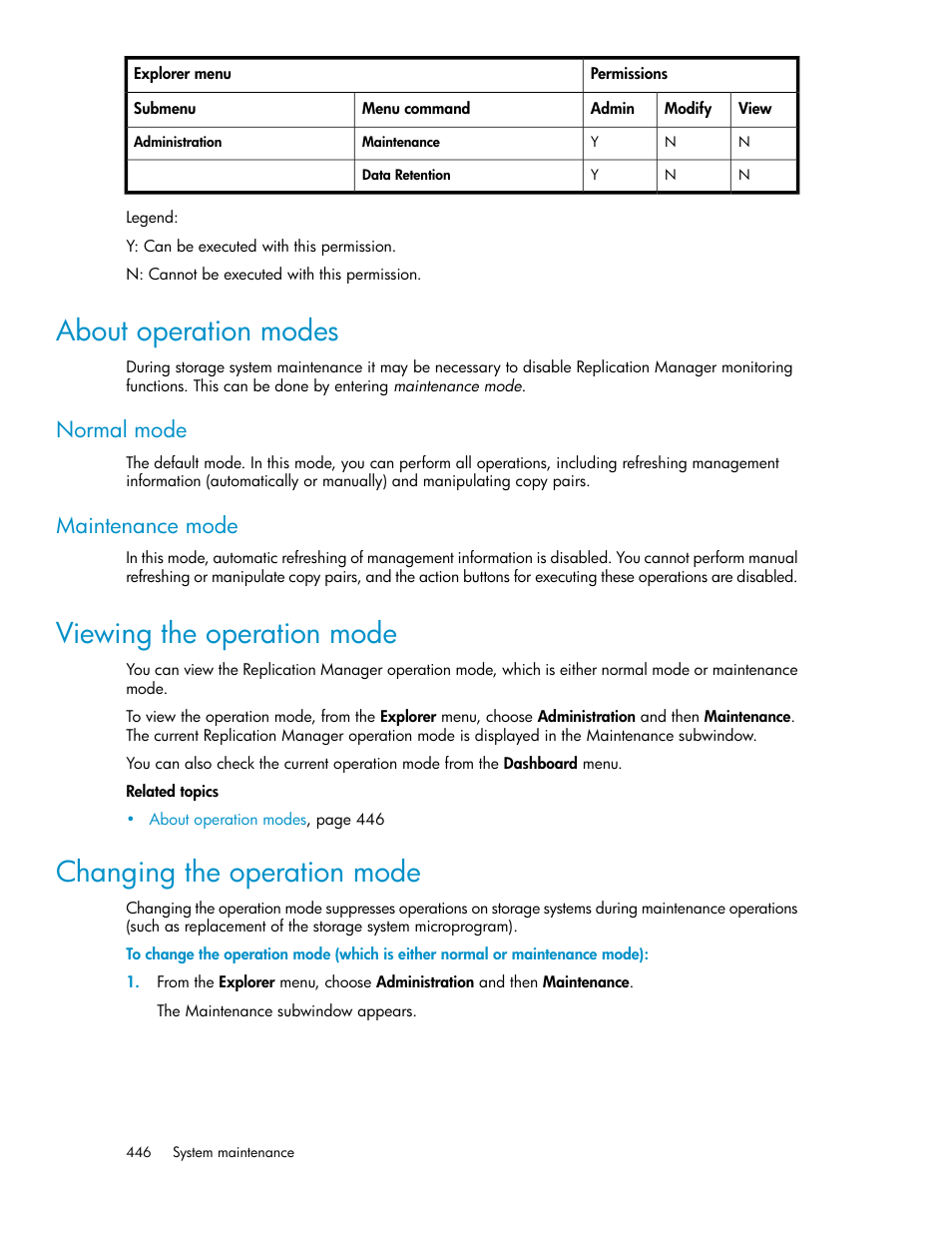 About operation modes, Viewing the operation mode, Changing the operation mode | 446 viewing the operation mode, 446 changing the operation mode, Normal mode, Maintenance mode | HP XP P9000 Command View Advanced Edition Software User Manual | Page 446 / 496
