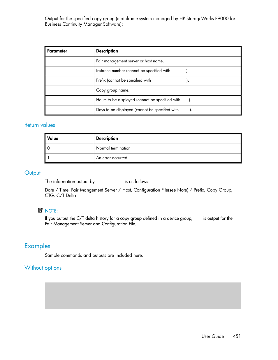 Examples, Return values, Output | Without options | HP XP P9000 Command View Advanced Edition Software User Manual | Page 451 / 496