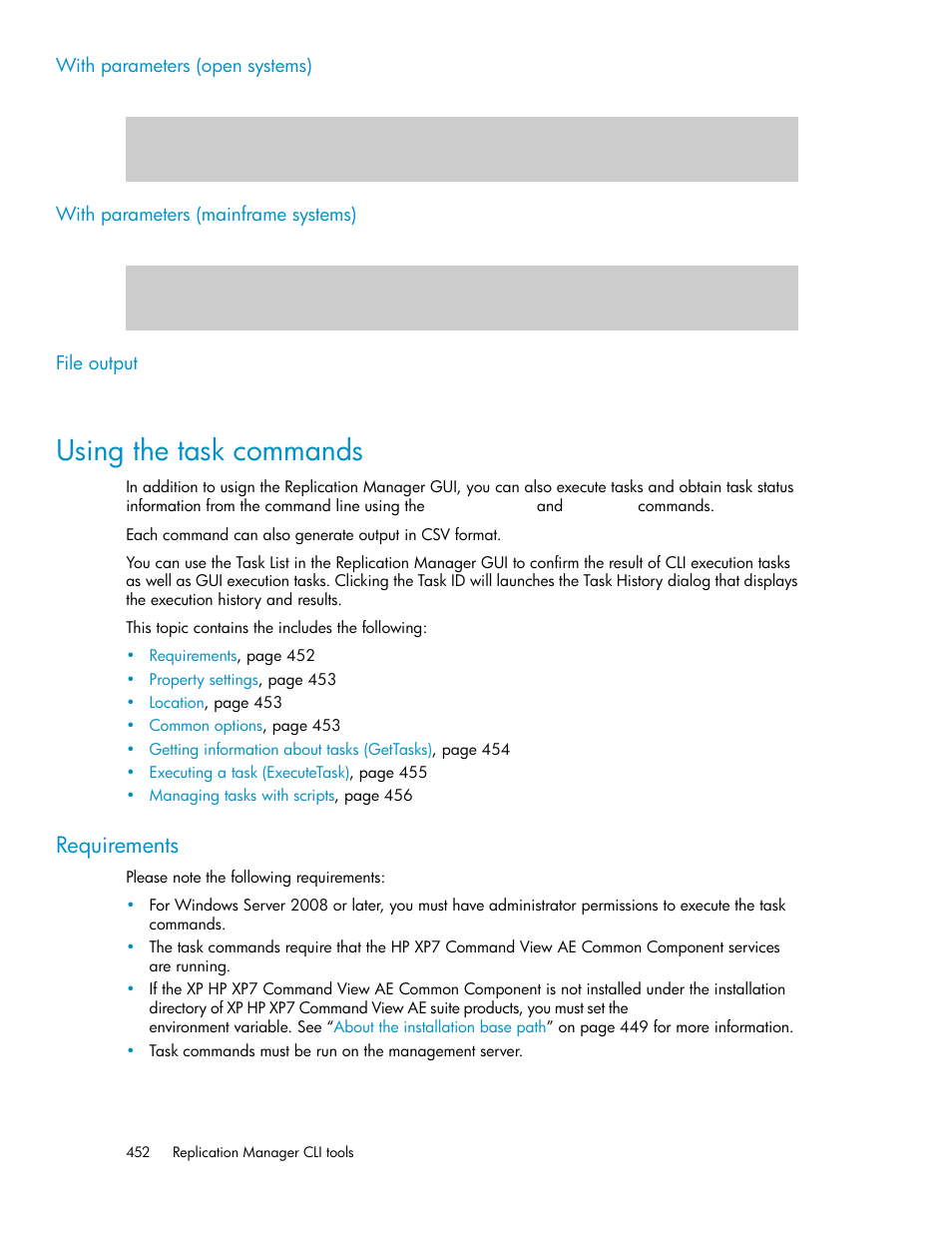 Using the task commands, Requirements, Using the task | Commands | HP XP P9000 Command View Advanced Edition Software User Manual | Page 452 / 496