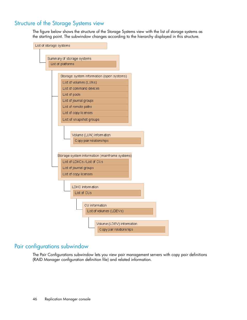 Structure of the storage systems view, Pair configurations subwindow, 46 pair configurations subwindow | HP XP P9000 Command View Advanced Edition Software User Manual | Page 46 / 496