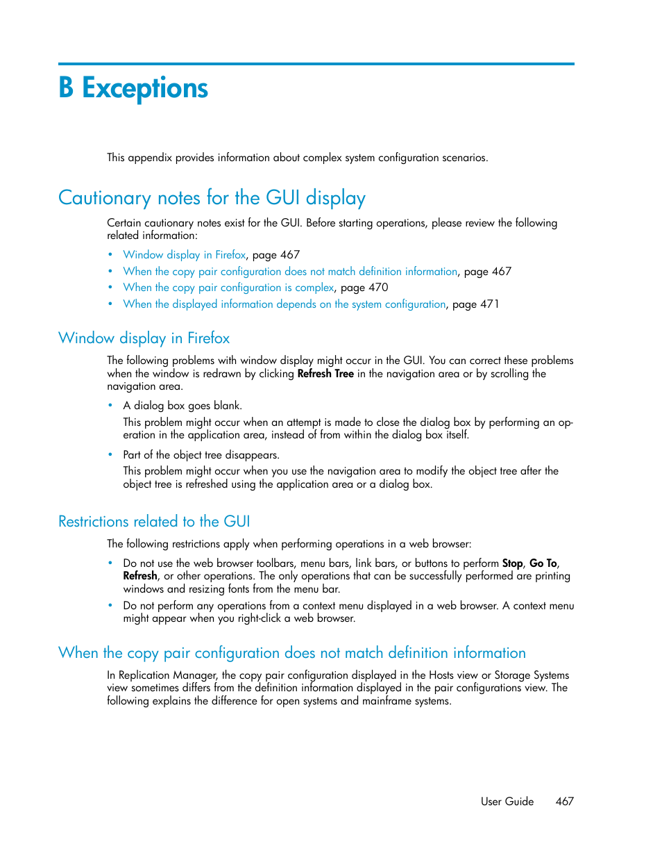 B exceptions, Cautionary notes for the gui display, Window display in firefox | Restrictions related to the gui, 467 restrictions related to the gui | HP XP P9000 Command View Advanced Edition Software User Manual | Page 467 / 496