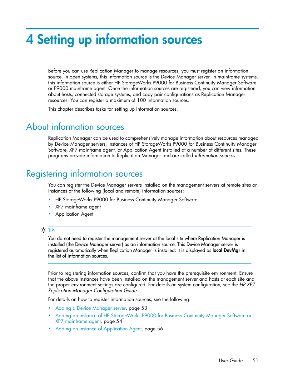 4 setting up information sources, About information sources, Registering information sources | 51 registering information sources, Chapter 4 | HP XP P9000 Command View Advanced Edition Software User Manual | Page 51 / 496