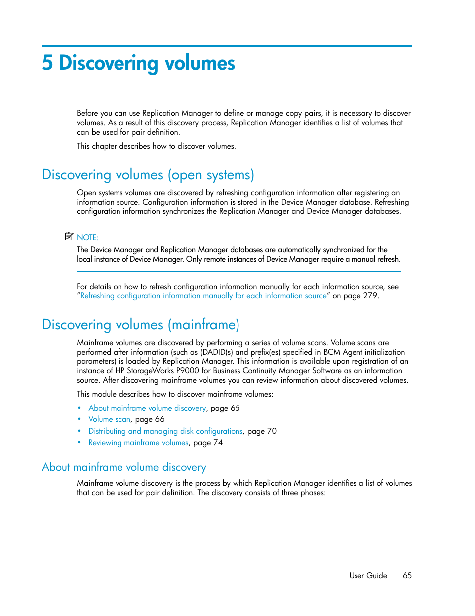 5 discovering volumes, Discovering volumes (open systems), Discovering volumes (mainframe) | About mainframe volume discovery, 65 discovering volumes (mainframe), Chapter 5, About mainframe, Volume discovery | HP XP P9000 Command View Advanced Edition Software User Manual | Page 65 / 496