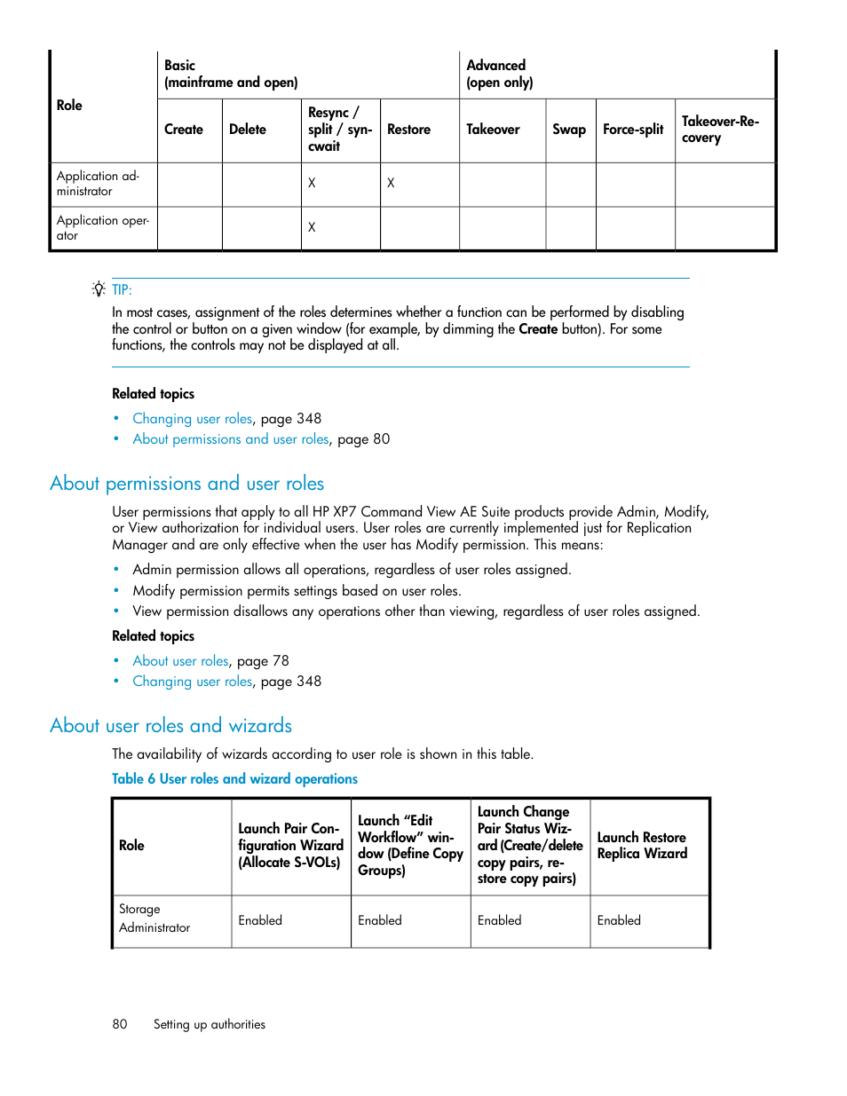 About permissions and user roles, About user roles and wizards, 80 about user roles and wizards | User roles and wizard operations | HP XP P9000 Command View Advanced Edition Software User Manual | Page 80 / 496