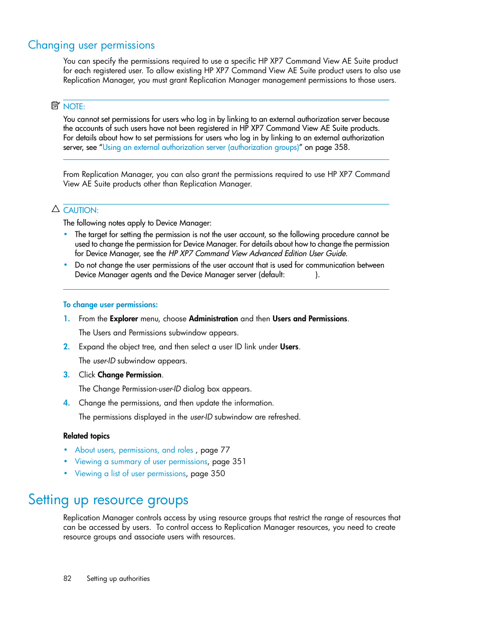 Changing user permissions, Setting up resource groups | HP XP P9000 Command View Advanced Edition Software User Manual | Page 82 / 496