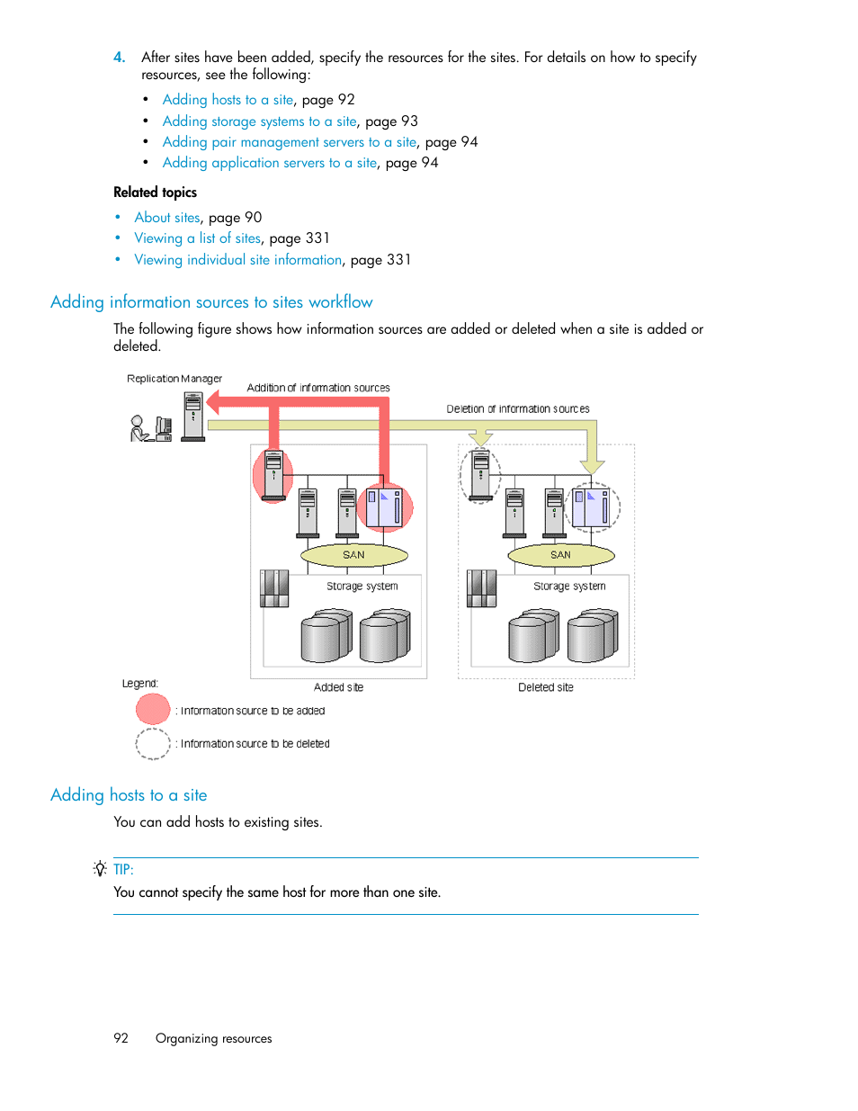 Adding information sources to sites workflow, Adding hosts to a site, 92 adding hosts to a site | HP XP P9000 Command View Advanced Edition Software User Manual | Page 92 / 496