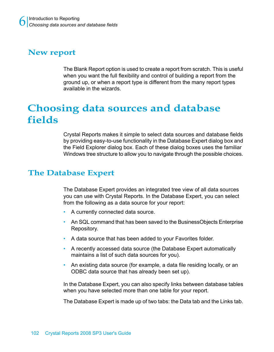 New report, Choosing data sources and database fields, The database expert | HP Intelligent Management Center Standard Software Platform User Manual | Page 102 / 814