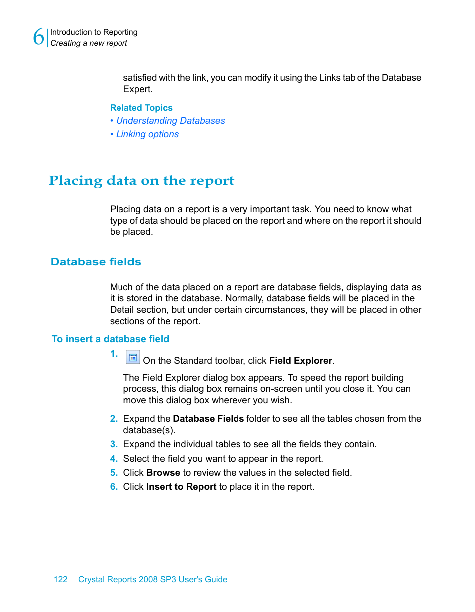 Placing data on the report, Database fields, To insert a database field | HP Intelligent Management Center Standard Software Platform User Manual | Page 122 / 814