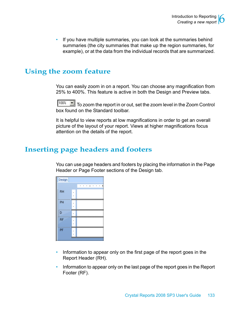 Using the zoom feature, Inserting page headers and footers | HP Intelligent Management Center Standard Software Platform User Manual | Page 133 / 814