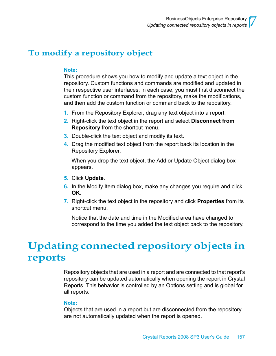 To modify a repository object, Updating connected repository objects in reports | HP Intelligent Management Center Standard Software Platform User Manual | Page 157 / 814