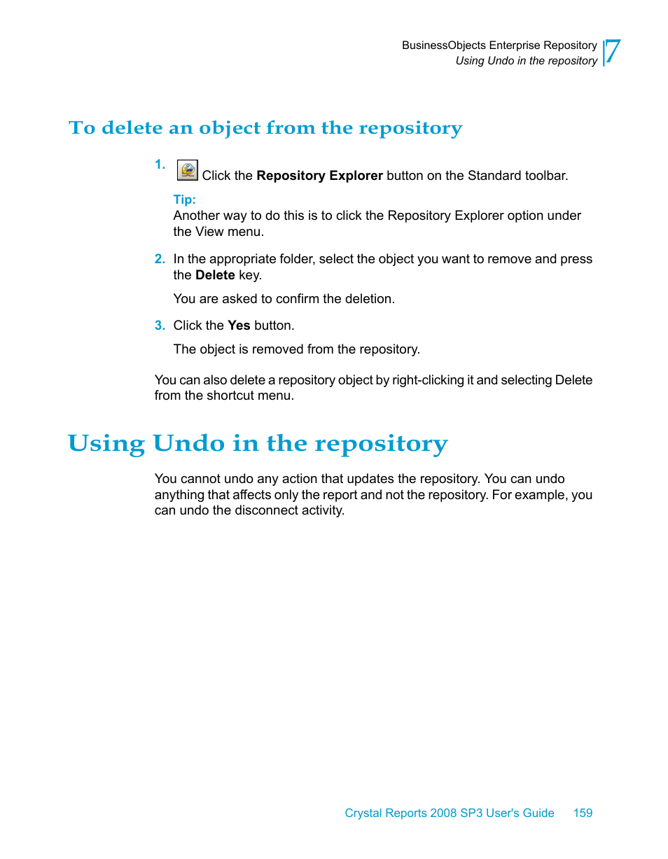 To delete an object from the repository, Using undo in the repository | HP Intelligent Management Center Standard Software Platform User Manual | Page 159 / 814