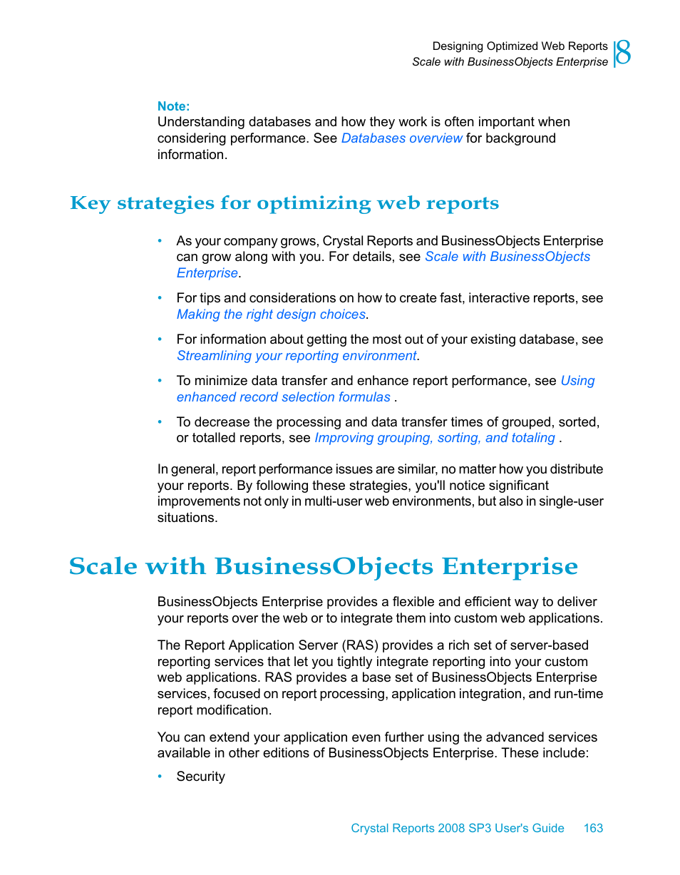 Key strategies for optimizing web reports, Scale with businessobjects enterprise | HP Intelligent Management Center Standard Software Platform User Manual | Page 163 / 814