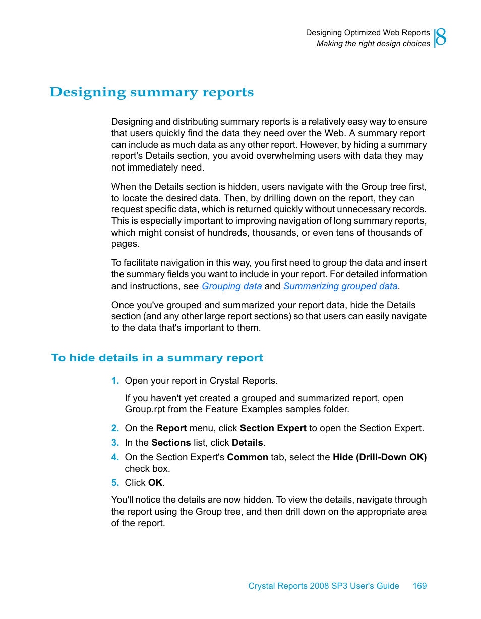 Designing summary reports, To hide details in a summary report | HP Intelligent Management Center Standard Software Platform User Manual | Page 169 / 814