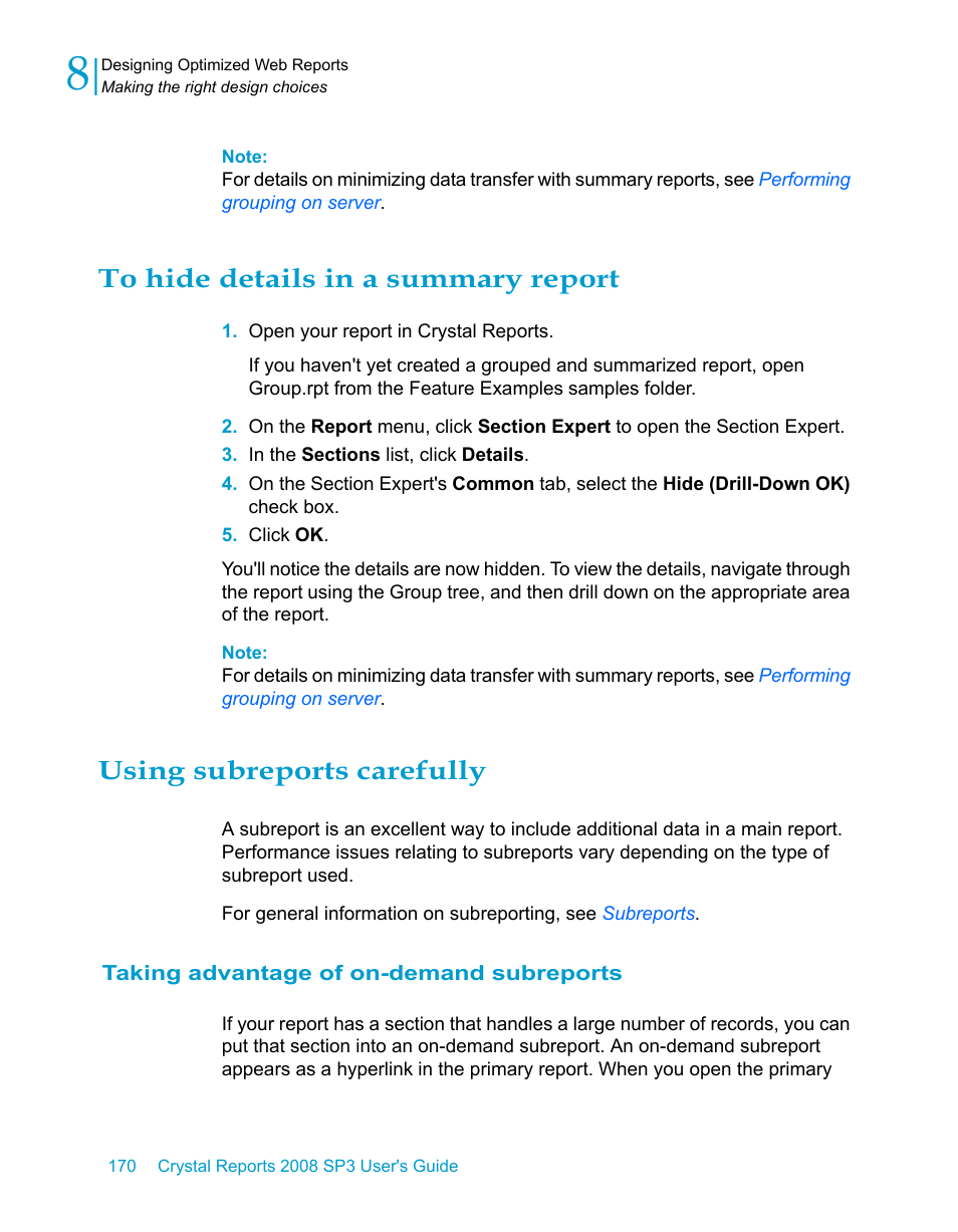 To hide details in a summary report, Using subreports carefully, Taking advantage of on-demand subreports | HP Intelligent Management Center Standard Software Platform User Manual | Page 170 / 814