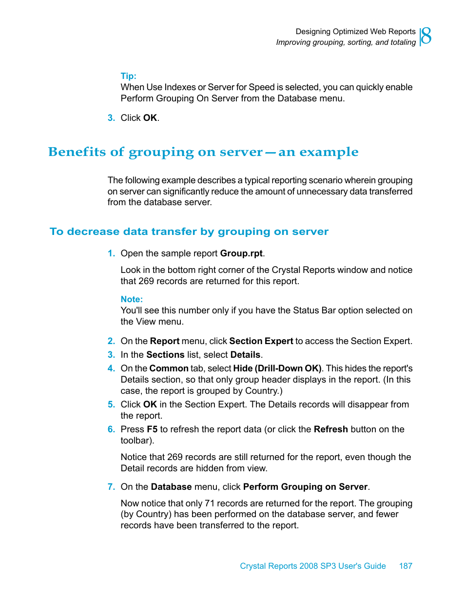 Benefits of grouping on server—an example, To decrease data transfer by grouping on server | HP Intelligent Management Center Standard Software Platform User Manual | Page 187 / 814