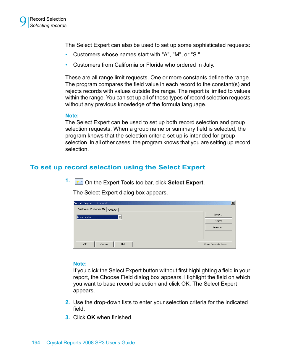 To set up record selection using the select expert | HP Intelligent Management Center Standard Software Platform User Manual | Page 194 / 814